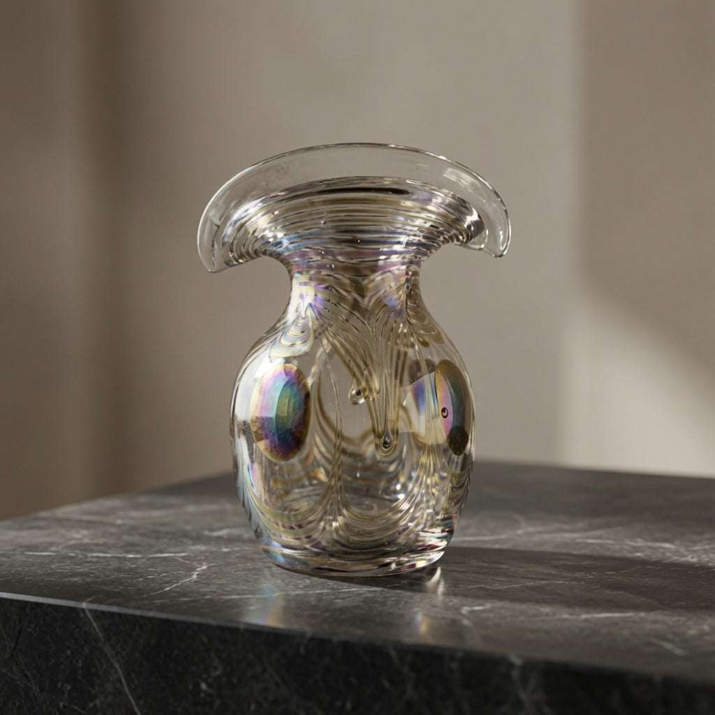 Signierte bauchige Glasvase mit Pfauenauge-Dekor von Erwin Eisch, 1987, Glashütte Eisch Frauenau