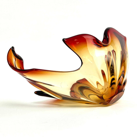 Große besonders schöne Feuer Murano Glas Schale aus den 1960er Jahren mit leuchtenden Farben und originalem Murano Glas Label