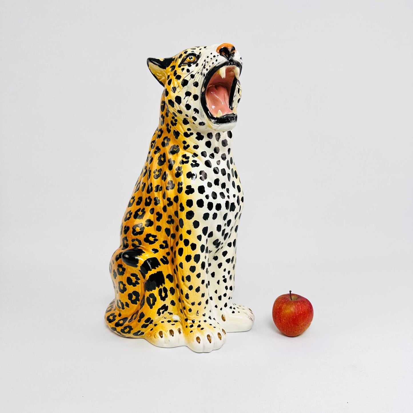 Vintage 1960s Italian ceramic leopard sculpture with hand-painted rosettes and bold glazing