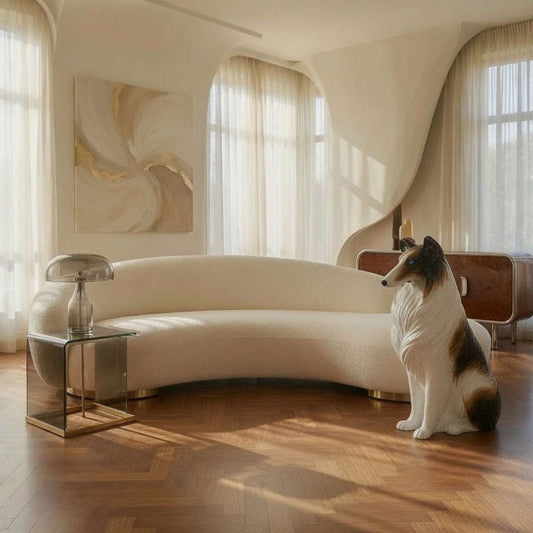 Lebensgroße Keramik Skulptur eines Collie Hundes im Show-Sitz, italienische Bassano-Tradition, 72 cm hoch