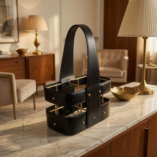 Eleganter 60er Flaschenhalter aus Kunstleder und Messing für zwei Flaschen im Mid-Century-Design