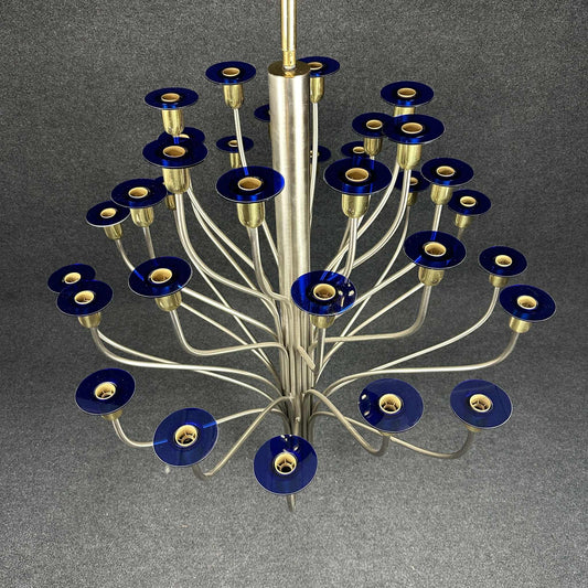 Großer Kronleuchter von WKR in Messing und Blauem Glas 80er Vintage