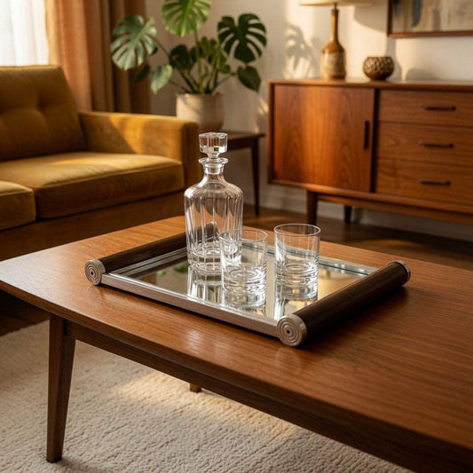 Zwei Art Deco Spiegel-Tabletts mit verchromtem Rahmen und Holzgriffen im Streamline-Stil der 1930er Jahre