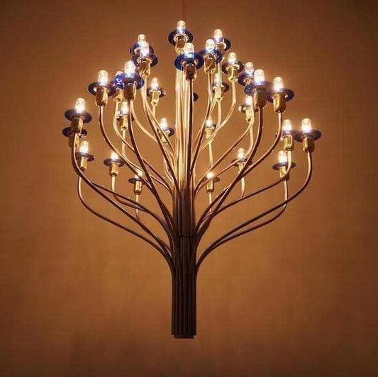 Großer Kronleuchter von WKR in Messing und Blauem Glas 80er Vintage