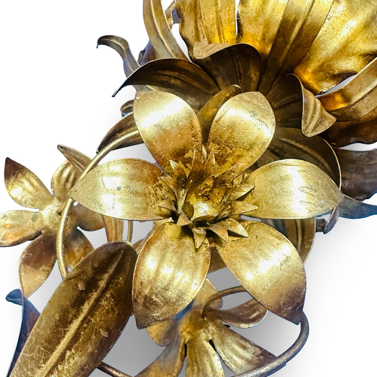 Blumenständer / Pflanzenständer, vergoldetes Metall, Blütenform, Hans Kögl Stil, Italien, 60er Jahre