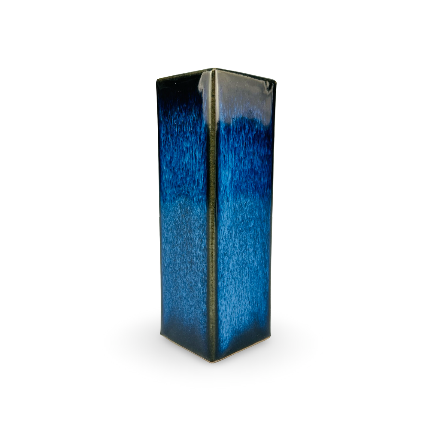 Vase Tokoname, carrée, émail bleu foncé coulant, Japon vintage, années 1960/70