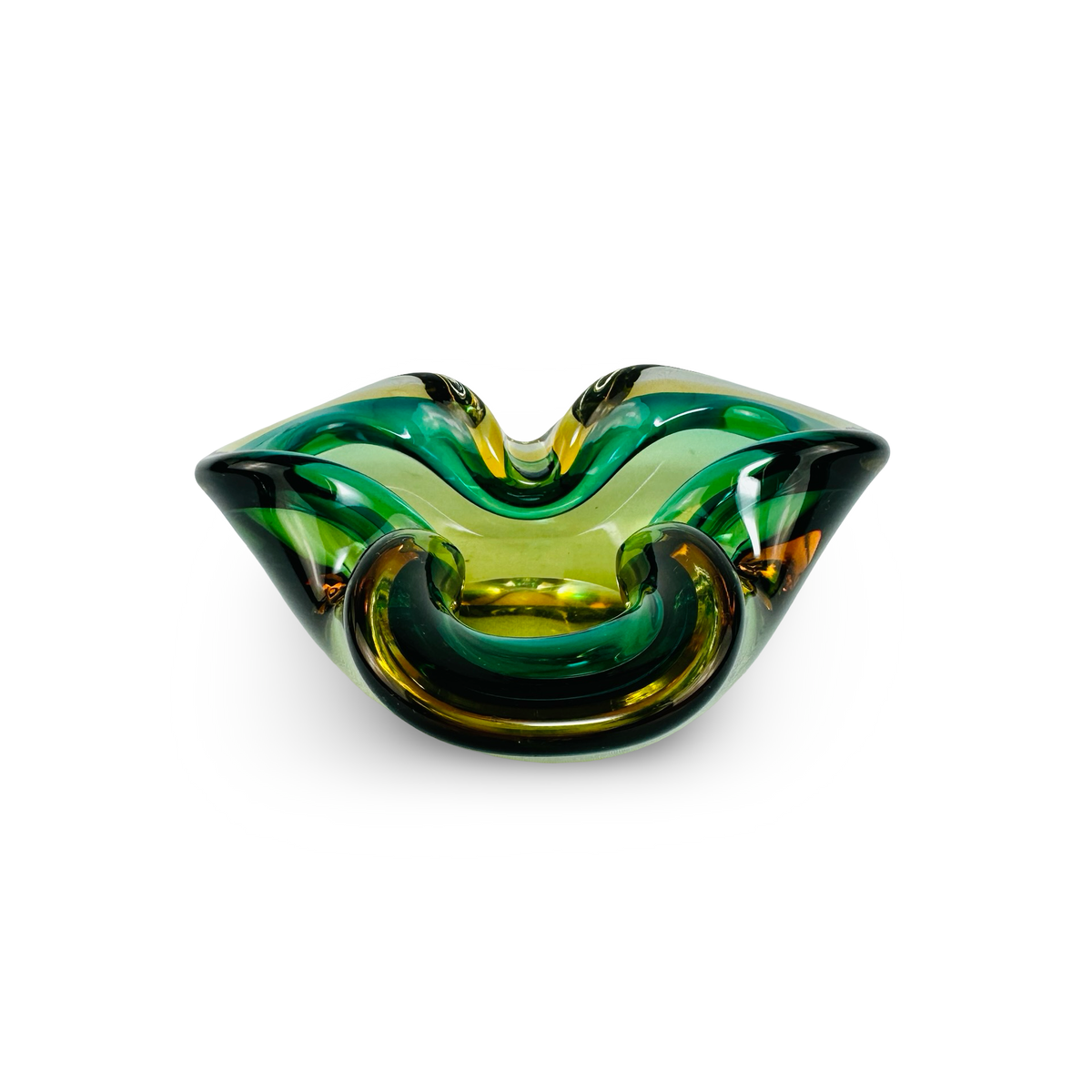 Murano Sommerso Schale/Aschenbecher, Kleeblattform, Grün & Bernstein, 1960er/70er