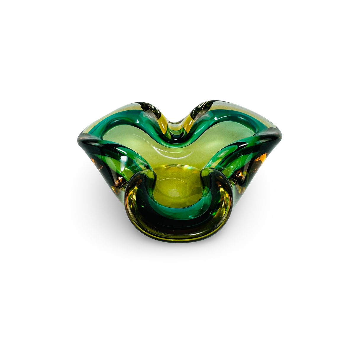 Murano Sommerso Schale/Aschenbecher, Kleeblattform, Grün & Bernstein, 1960er/70er