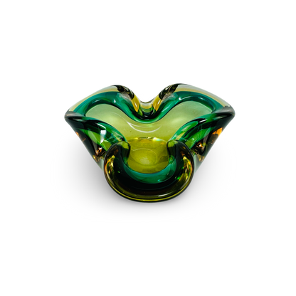 Murano Sommerso Schale/Aschenbecher, Kleeblattform, Grün & Bernstein, 1960er/70er
