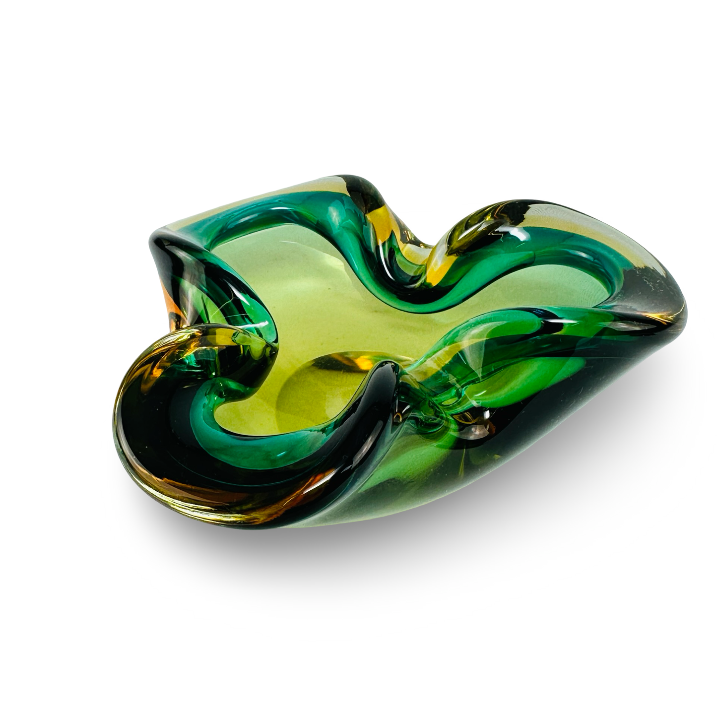 Murano Sommerso Schale/Aschenbecher, Kleeblattform, Grün & Bernstein, 1960er/70er