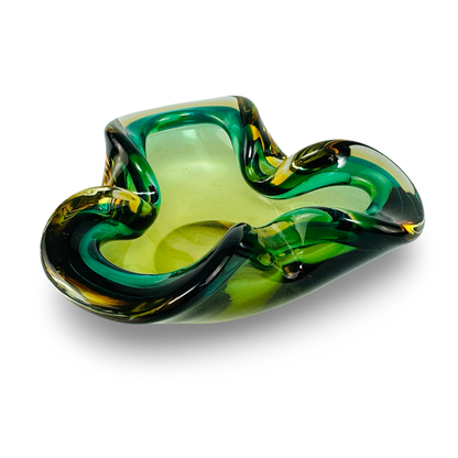 Murano Sommerso Schale/Aschenbecher, Kleeblattform, Grün & Bernstein, 1960er/70er