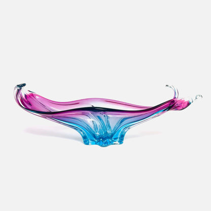 Gesamtansicht einer langgezogenen Murano-Glasschale in Pink und Türkisblau mit hochgezogenen Enden aus den 1960er Jahren