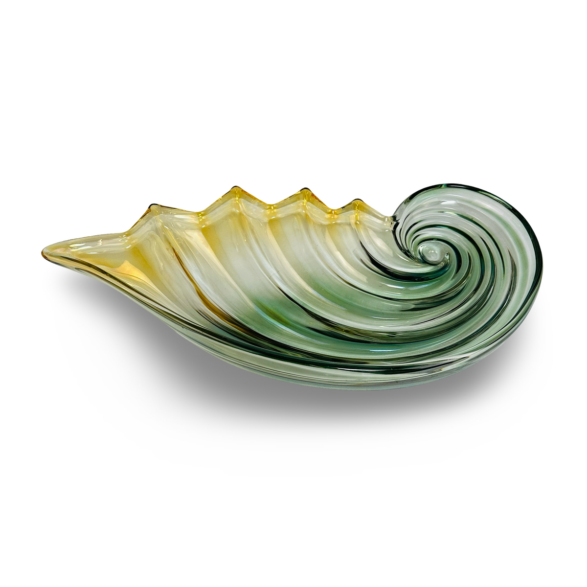 Mikasa Muschelschale in Nautilusform, Grün & Bernstein, Walther-Glas, 49 cm, 1980er/90er