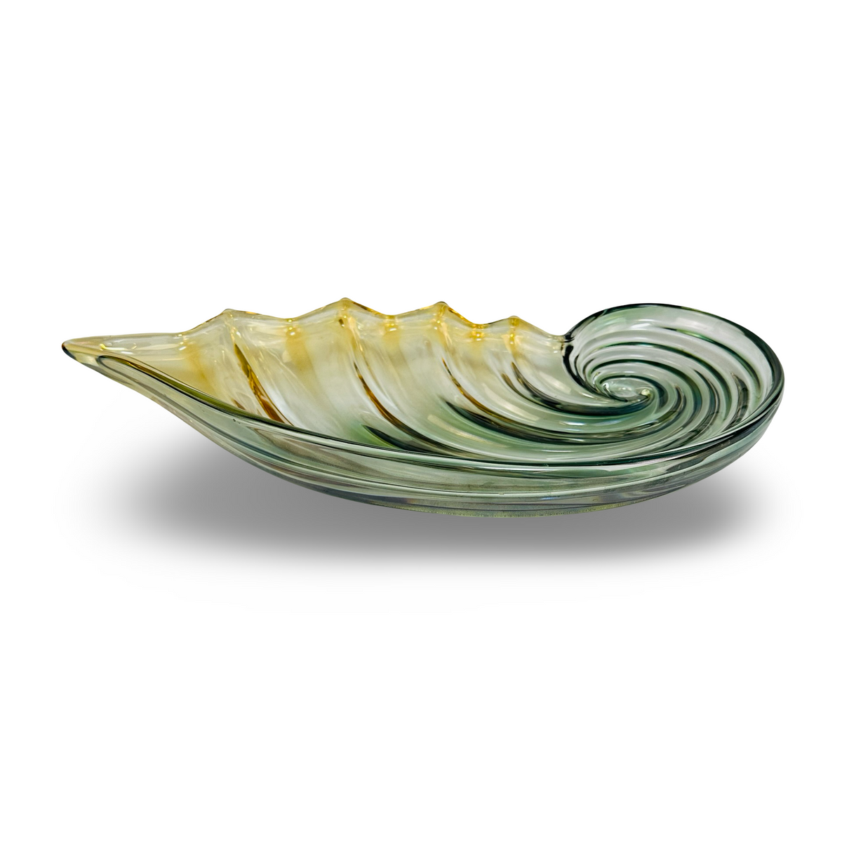 Mikasa Muschelschale in Nautilusform, Grün & Bernstein, Walther-Glas, 49 cm, 1980er/90er