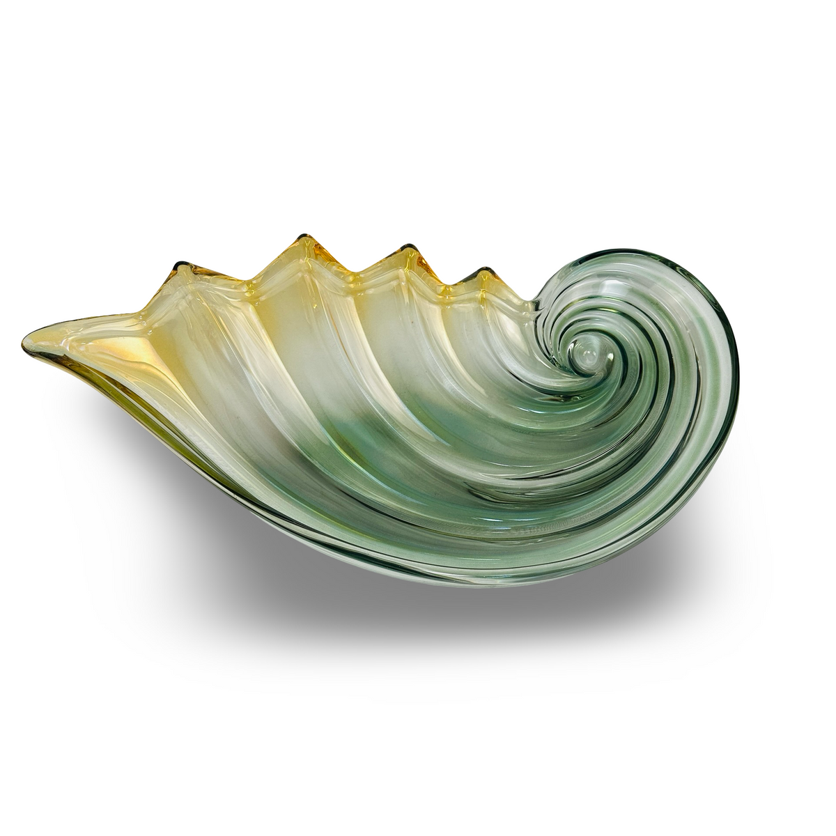 Mikasa Muschelschale in Nautilusform, Grün & Bernstein, Walther-Glas, 49 cm, 1980er/90er