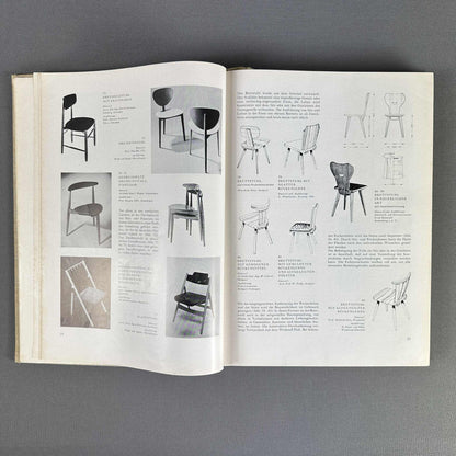 Geöffnete Seiten von Das Möbelbuch mit Zeichnungen und Fotos verschiedener Stühle der 1950er Jahre