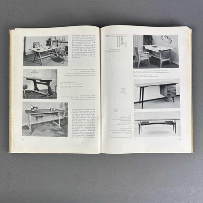 Doppelseite von Das Möbelbuch mit Schwarz-Weiß-Fotos und Zeichnungen von Tischen und Schreibtischen
