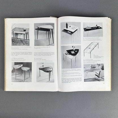 Offene Seiten mit Möbelabbildungen, Grundrissen und Konstruktionszeichnungen von Tischen der 1950er Jahre