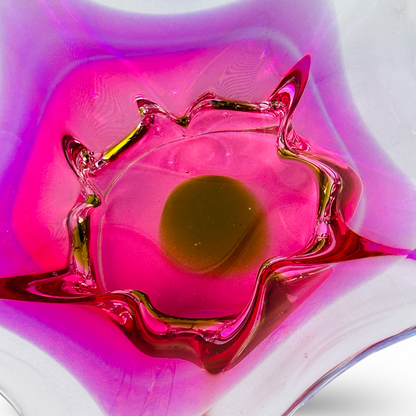 Detailaufnahme des gewellten rosa Kragens um den olivgrünen Farbpunkt im Zentrum der Schale