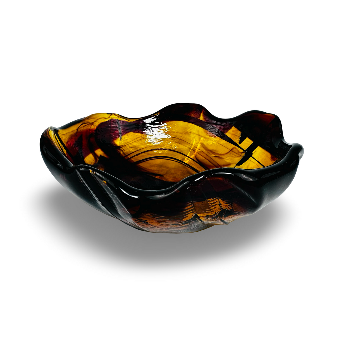 Vintage Murano-Schale in Bernstein und Aubergine mit gewelltem dunklem Rand, Seitenansicht