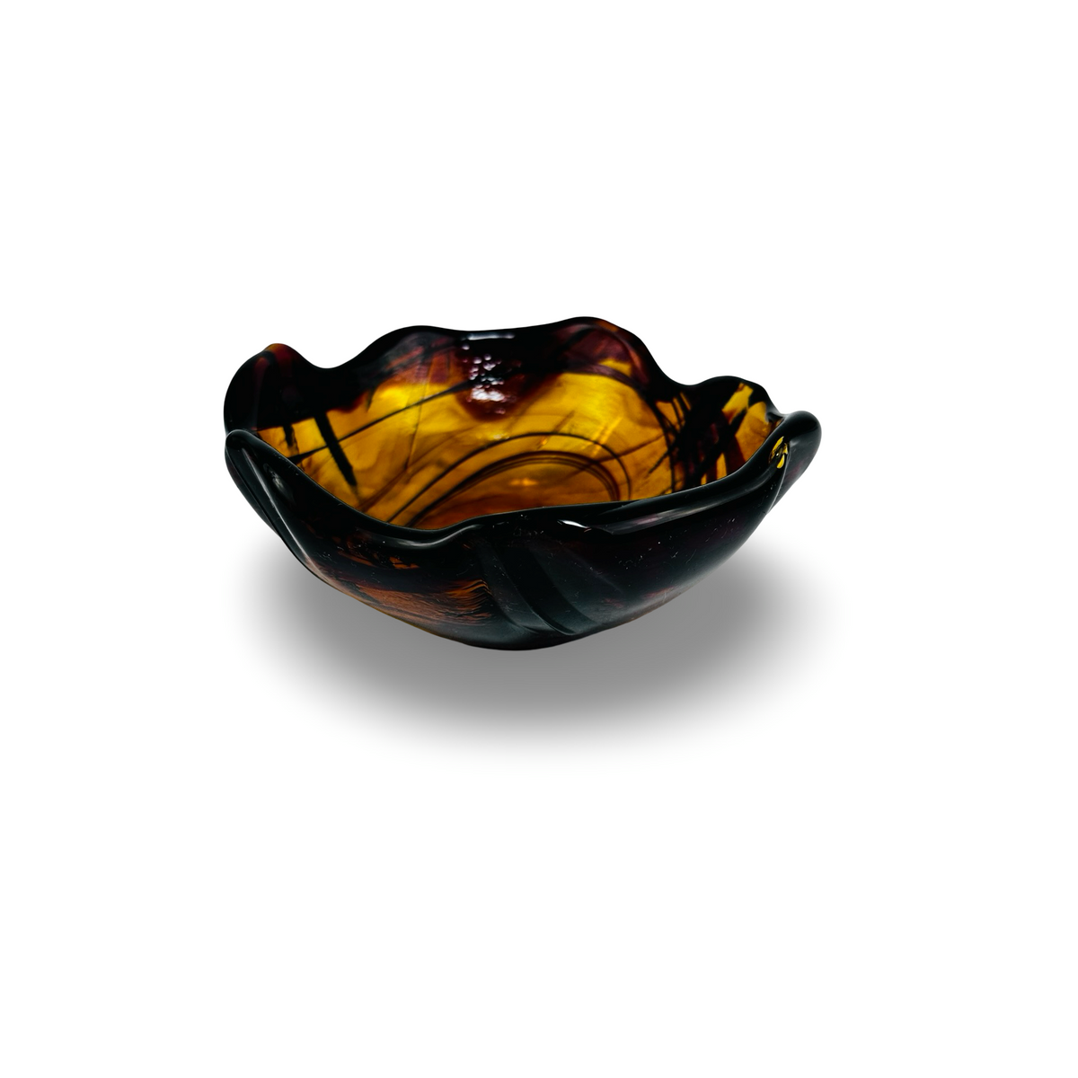 Mid-Century Glasschale aus Italien, Bernstein mit schwarzem Saum, Schrägansicht