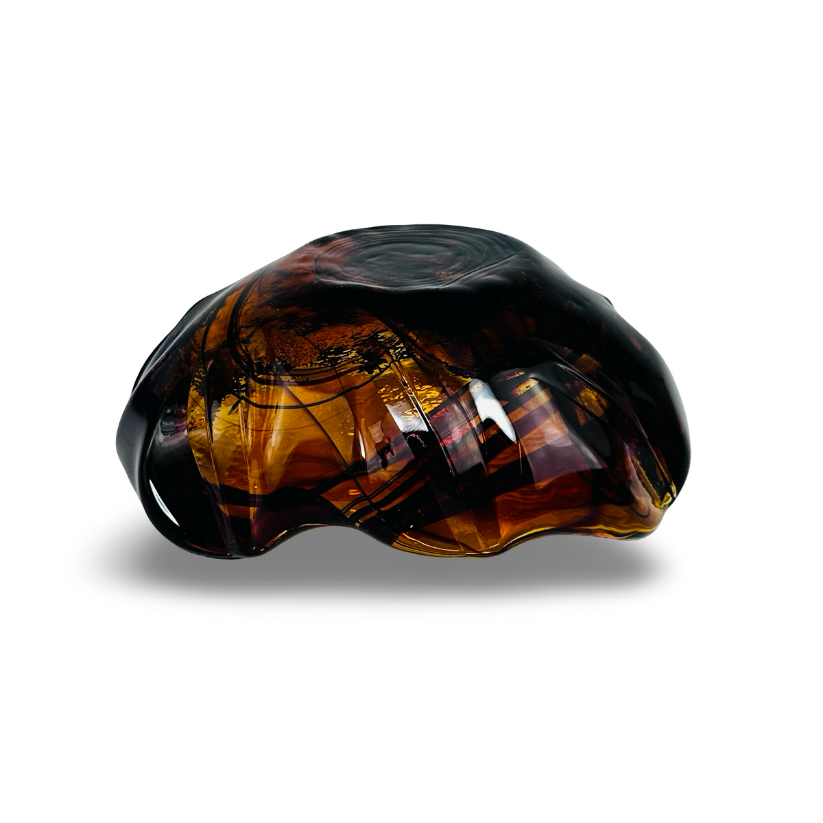 Vintage Bernstein-Glasschale, Unterseite mit plastischen Rippen und dunklem Aubergine