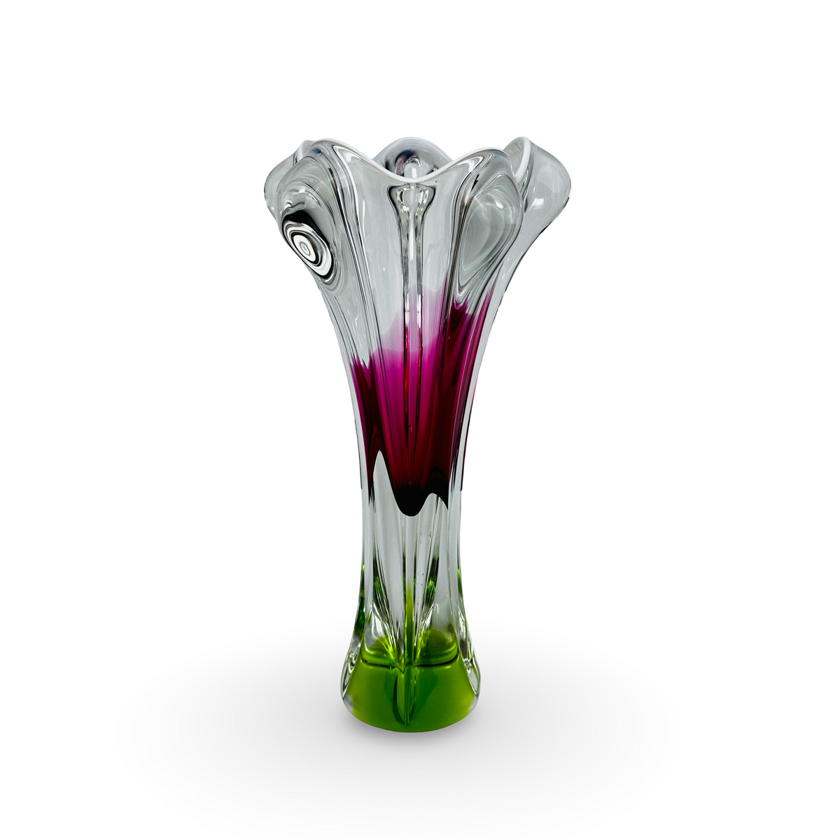 Chřibská Sommerso-Vase in Rosa und Grün mit weißem Randfaden, Josef Hospodka zugeschrieben, Vintage 1960er, Gesamtansicht