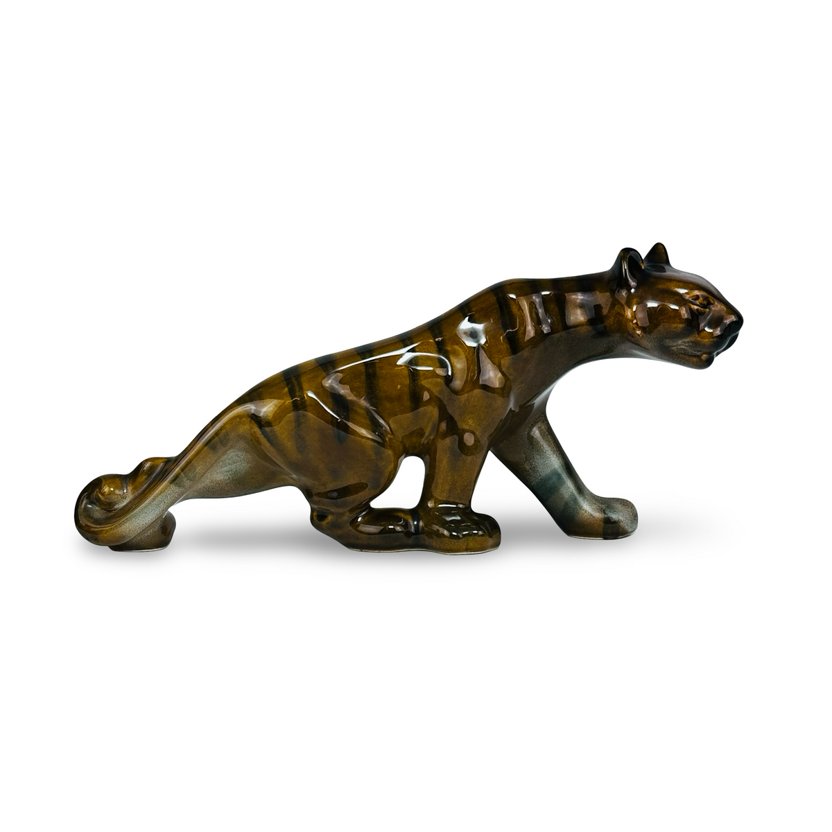 Vintage Keramikfigur Tiger, schreitend, braune Laufglasur – Seitenansicht rechts, freigestellt