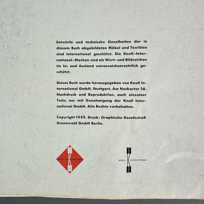 Impressumsseite des Knoll-International-Katalogs mit Copyright 1959 und zwei Firmenzeichen