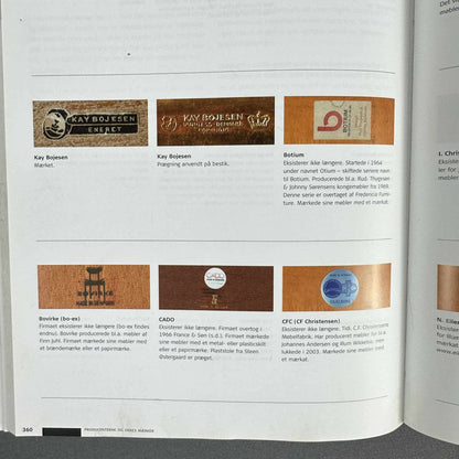 Detailaufnahme einer Buchseite mit Holzmarken und Beschriftungen zu Kay Bojesen, Botium und weiteren Herstellern