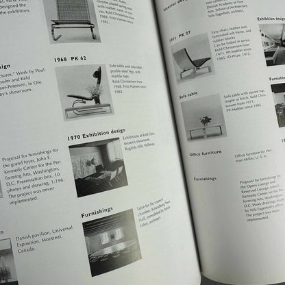 Detailansicht einer Buchseite mit Fotos und Beschriftungen zu Poul-Kjærholm-Entwürfen der 1960er und 1970er
