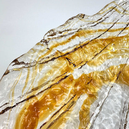 Makroaufnahme der transparenten Glasrippen und bernsteinfarbenen Einschlüsse am Muschelrand