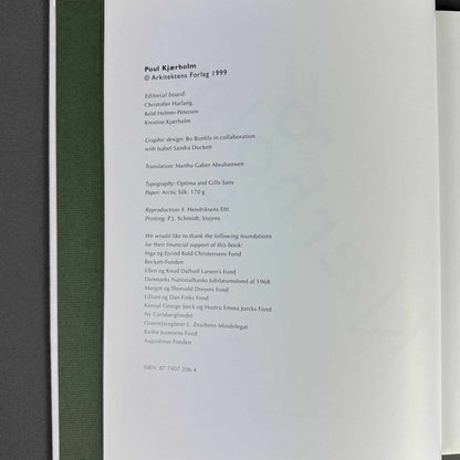 Impressumsseite des Poul-Kjærholm-Buchs mit Herausgeberangaben, ISBN und grünem Leinenrücken