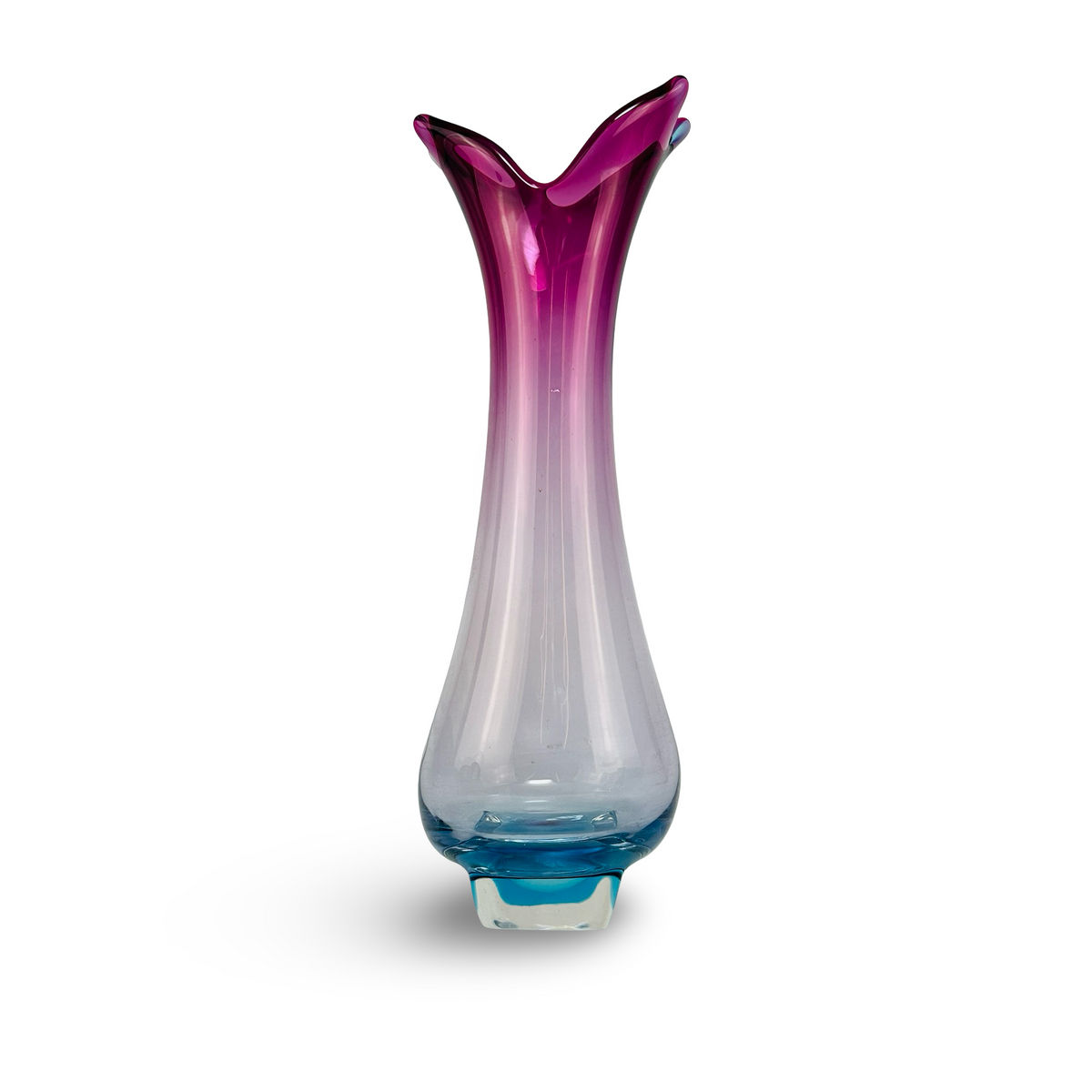 Chřibská Kunstglas-Vase in Amethyst und Aquablau mit vierzipfliger Mündung, Josef Hospodka zugeschrieben, Vintage 1960er, Frontansicht