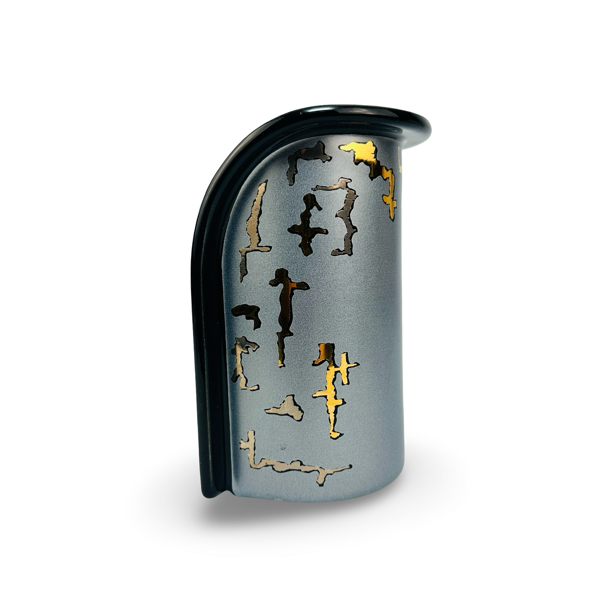 Steuler Keramikvase mit schwarzem, übergeschlagenem Rand und abstraktem Golddekor, Seitenansicht