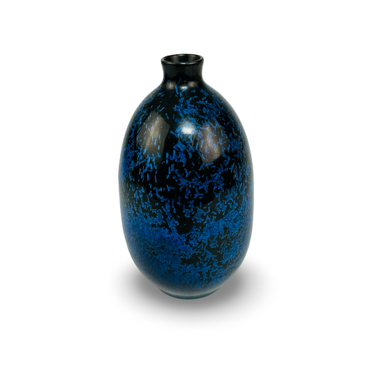 Heiner Hans Körting Vase mit blauer Kristallglasur auf Schwarz, Studiokeramik Dornburg, Vintage 1960er/70er, Frontansicht