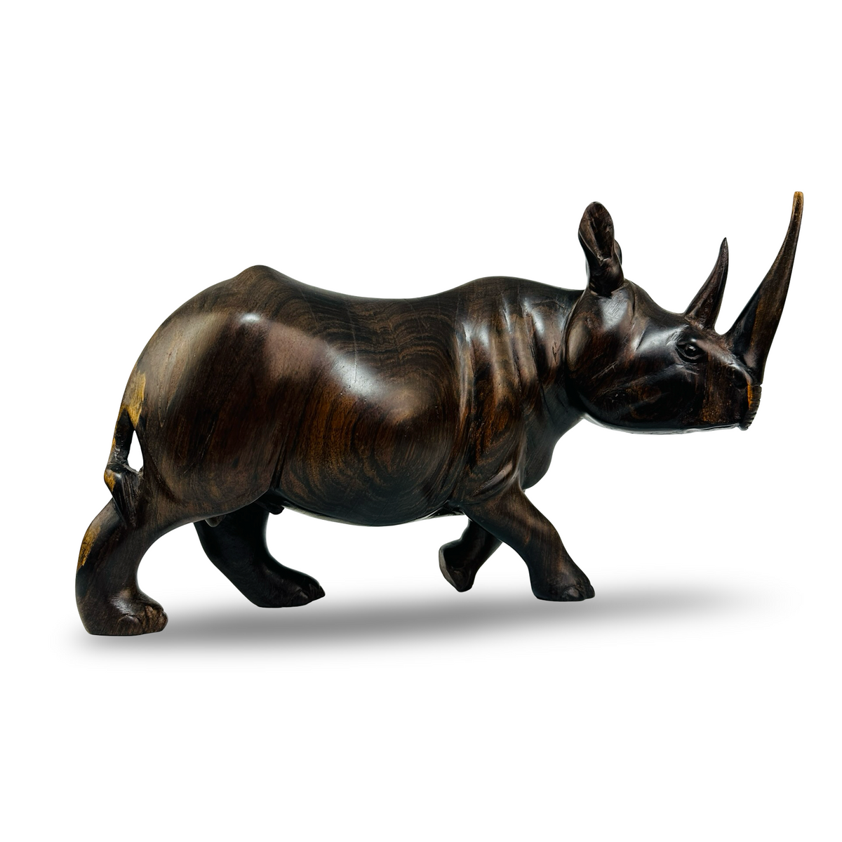 Vintage Nashorn Holzfigur aus Ebenholz, handgeschnitzt – Seitenansicht rechts, freigestellt
