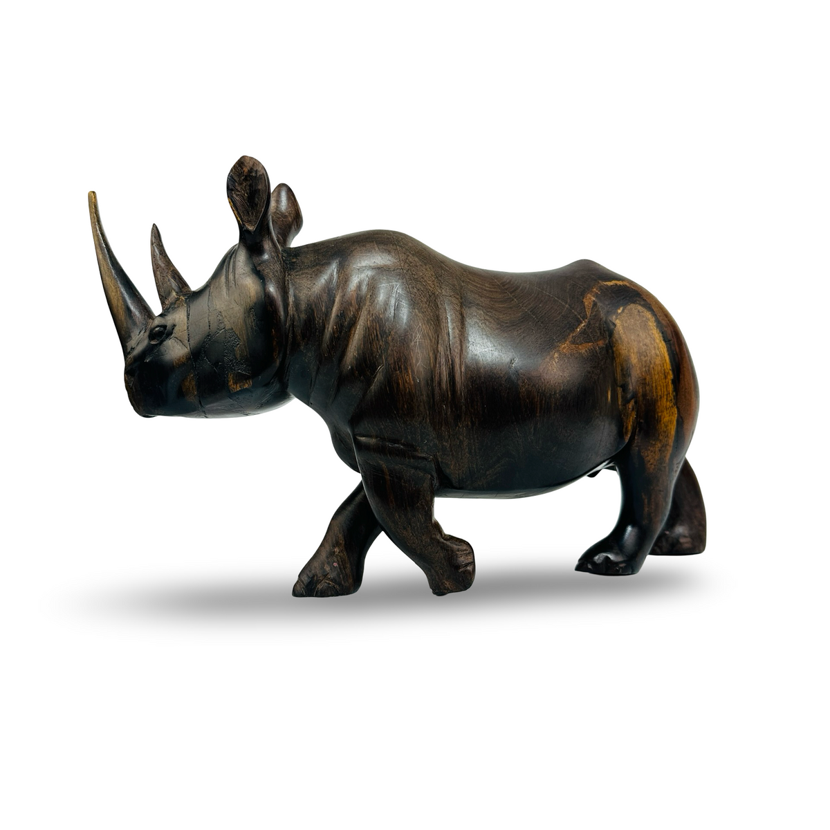 Nashorn Holzskulptur – Seitenansicht links mit Maserung und hellem Splintholz am Hinterteil