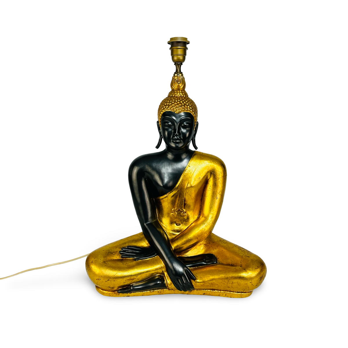 Keramik-Buddha-Lampenfuß ohne Schirm mit messingfarbener Fassung, Gesamtansicht