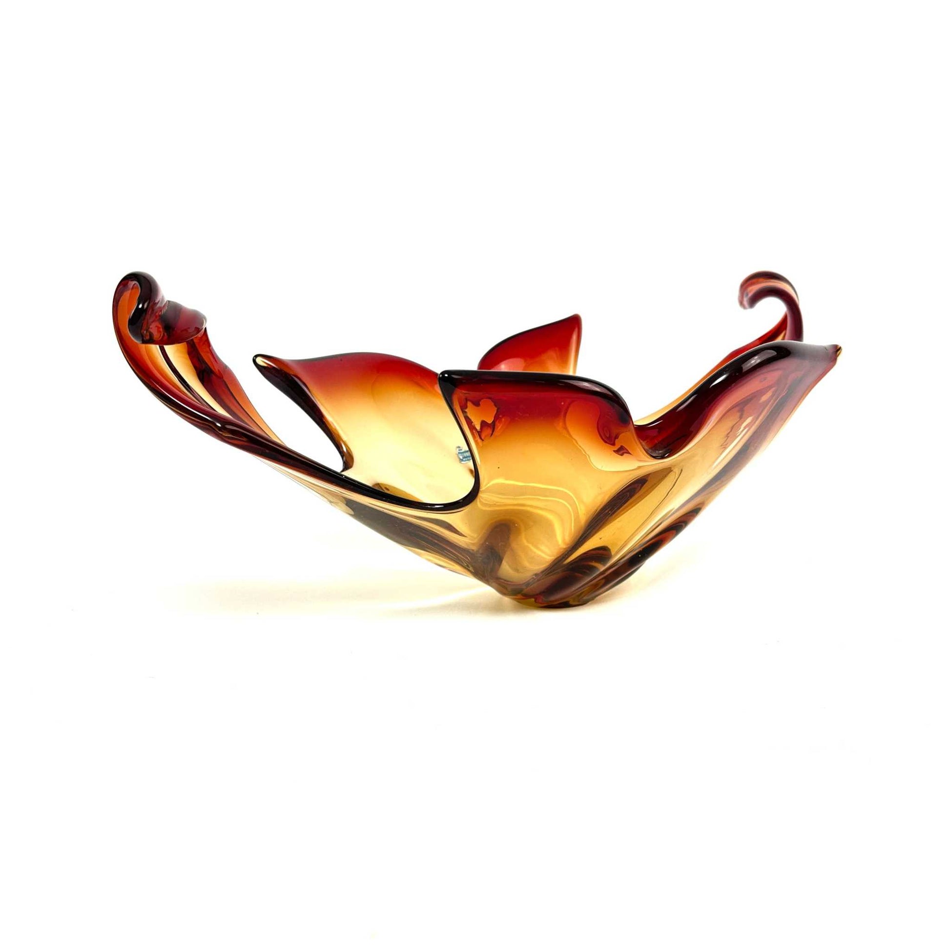 Große besonders schöne Feuer Murano Glas Schale aus den 1960er Jahren mit lebendigen Farben und originalem Label