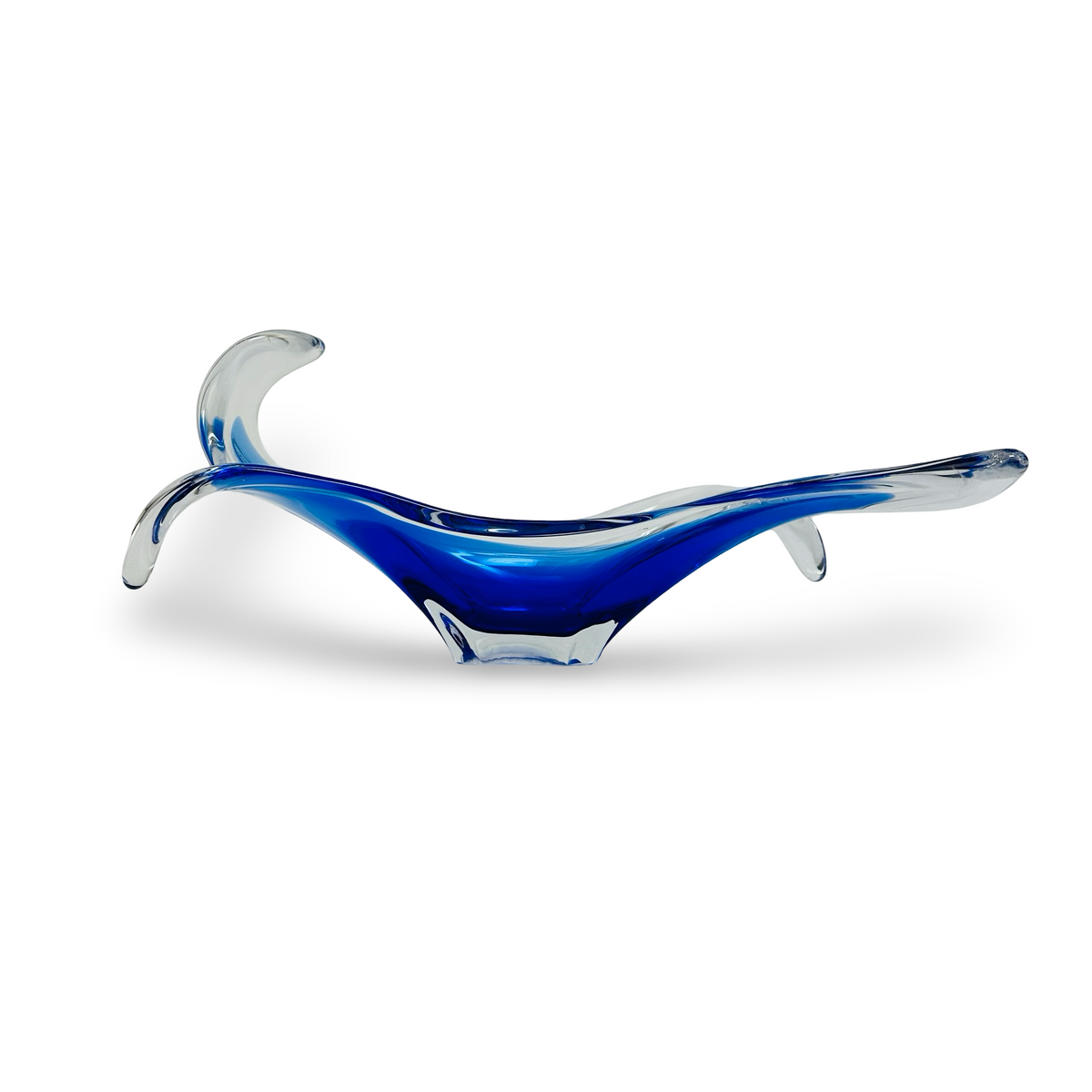 Vintage Murano Sommerso Schale in Kobaltblau und Klarglas mit geschwungenen Spitzen, Seitenansicht