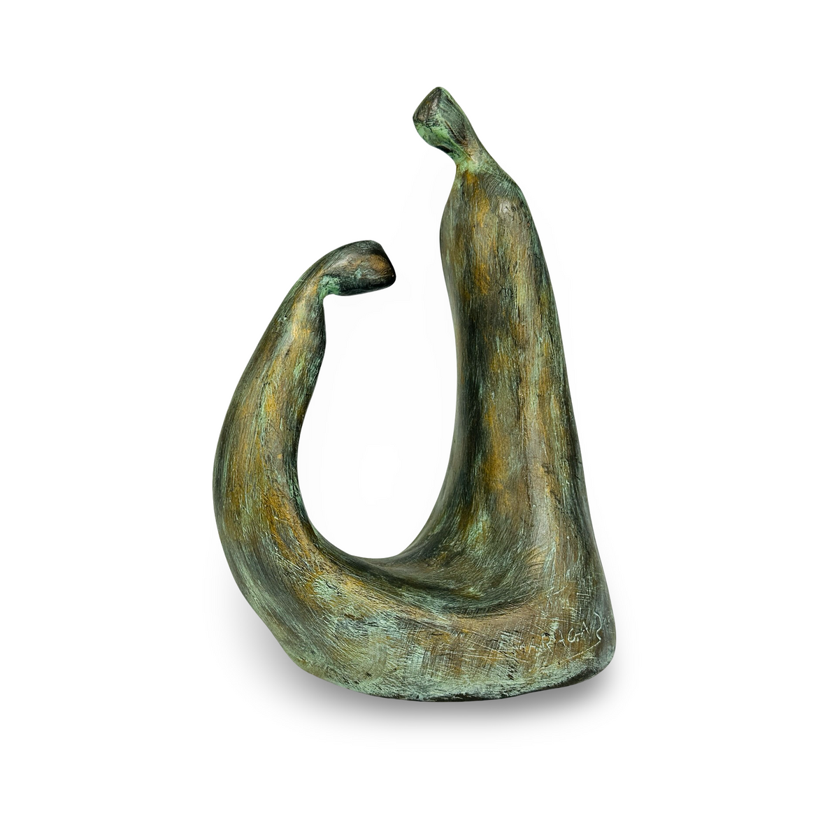 Sculpture en céramique signée, deux figures abstraites, glaçure patine bronze