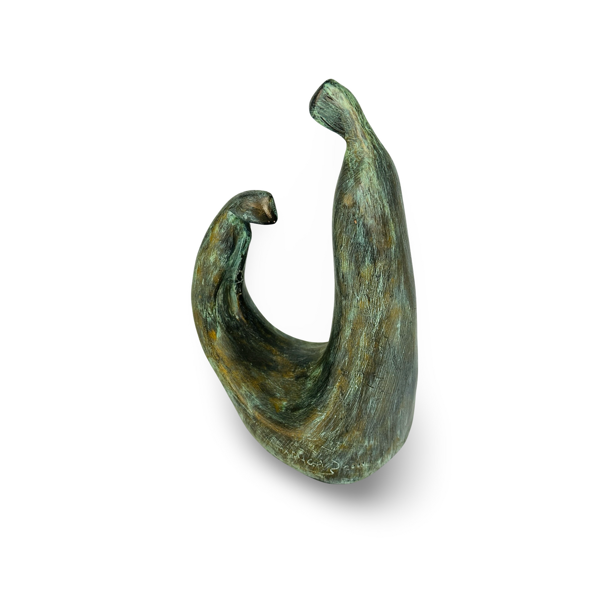 Sculpture en céramique signée, deux figures abstraites, glaçure patine bronze