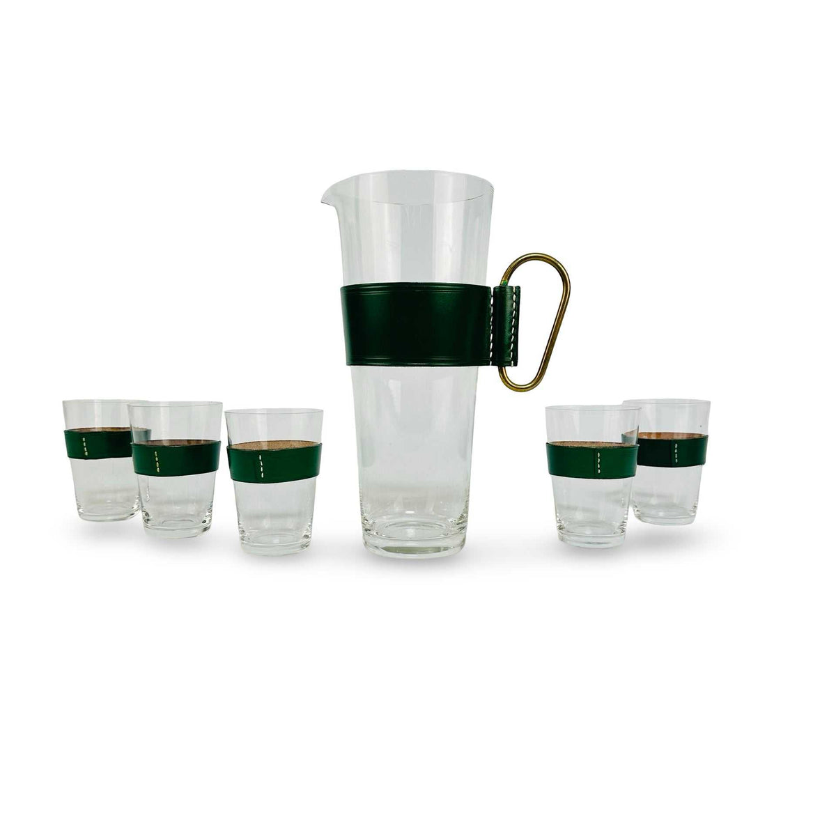 Mid-Century Getränkeset aus Glas, Leder und Messing, frontal