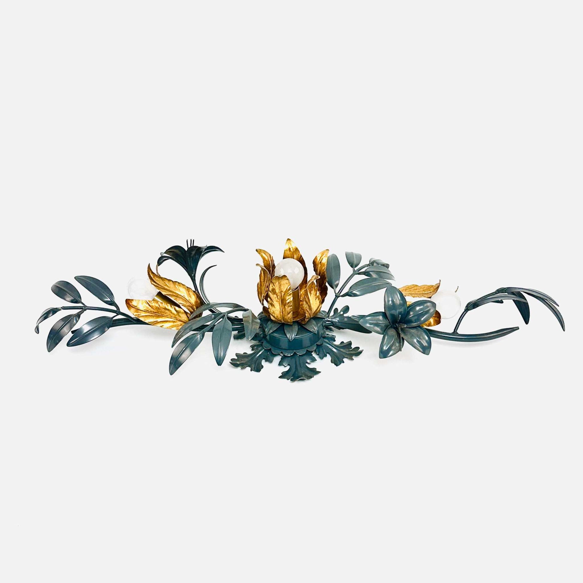Florale Wand oder Deckenleuchte 70er Jahre mit E14 Birnen, Breite 84 cm, Tiefe 30 cm, Höhe 16 cm