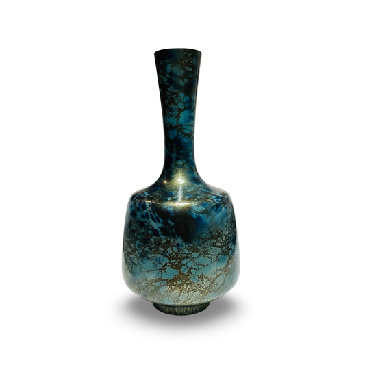 Japanische Metallvase mit blau-goldener Patina, Frontalansicht, Vintage Takaoka-Stil