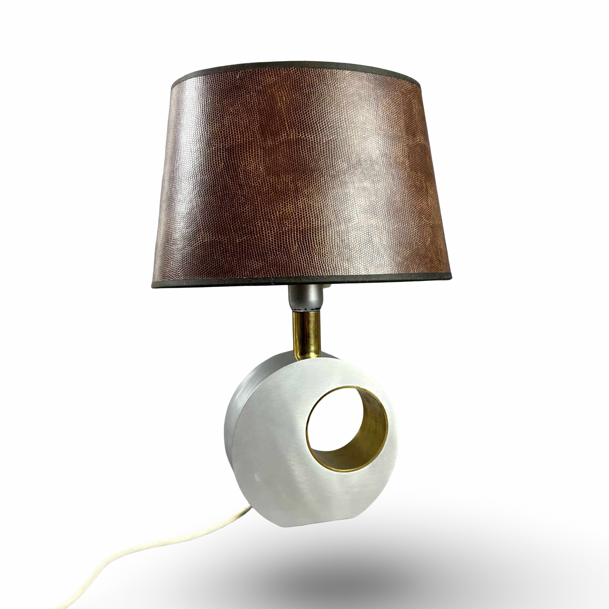 Giovanni Banci mid-century aluminium and brass table lamp from 1970s Italy with decorative snake-patterned shade