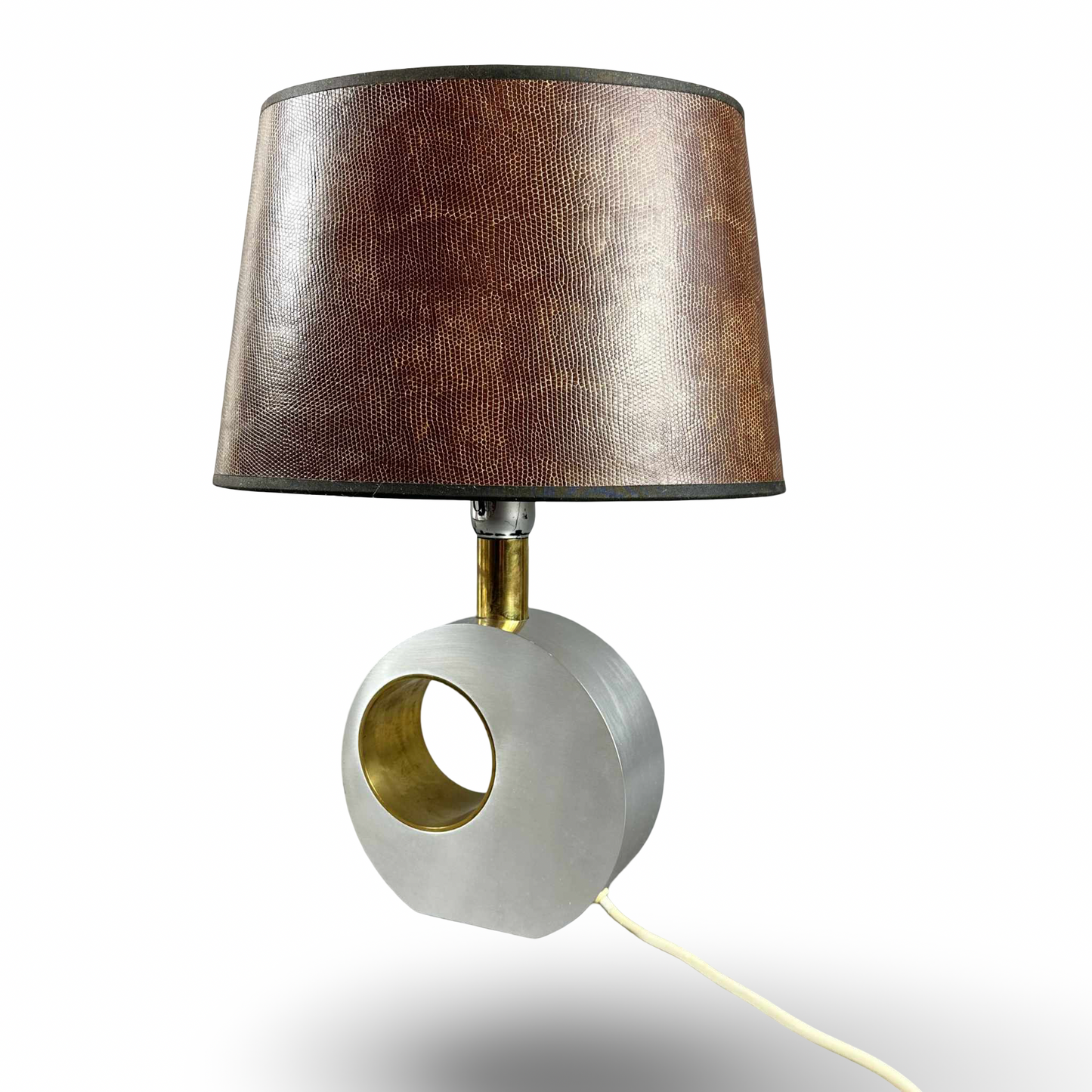 Giovanni Banci mid-century aluminium and brass table lamp from 1970s Italy with cylindrical and sculptural design