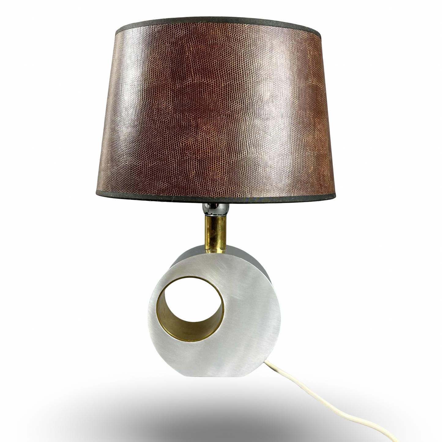 Giovanni Banci mid-century aluminum and brass table lamp with decorative brass ring and Banci Firenze label, 1970s Italian design