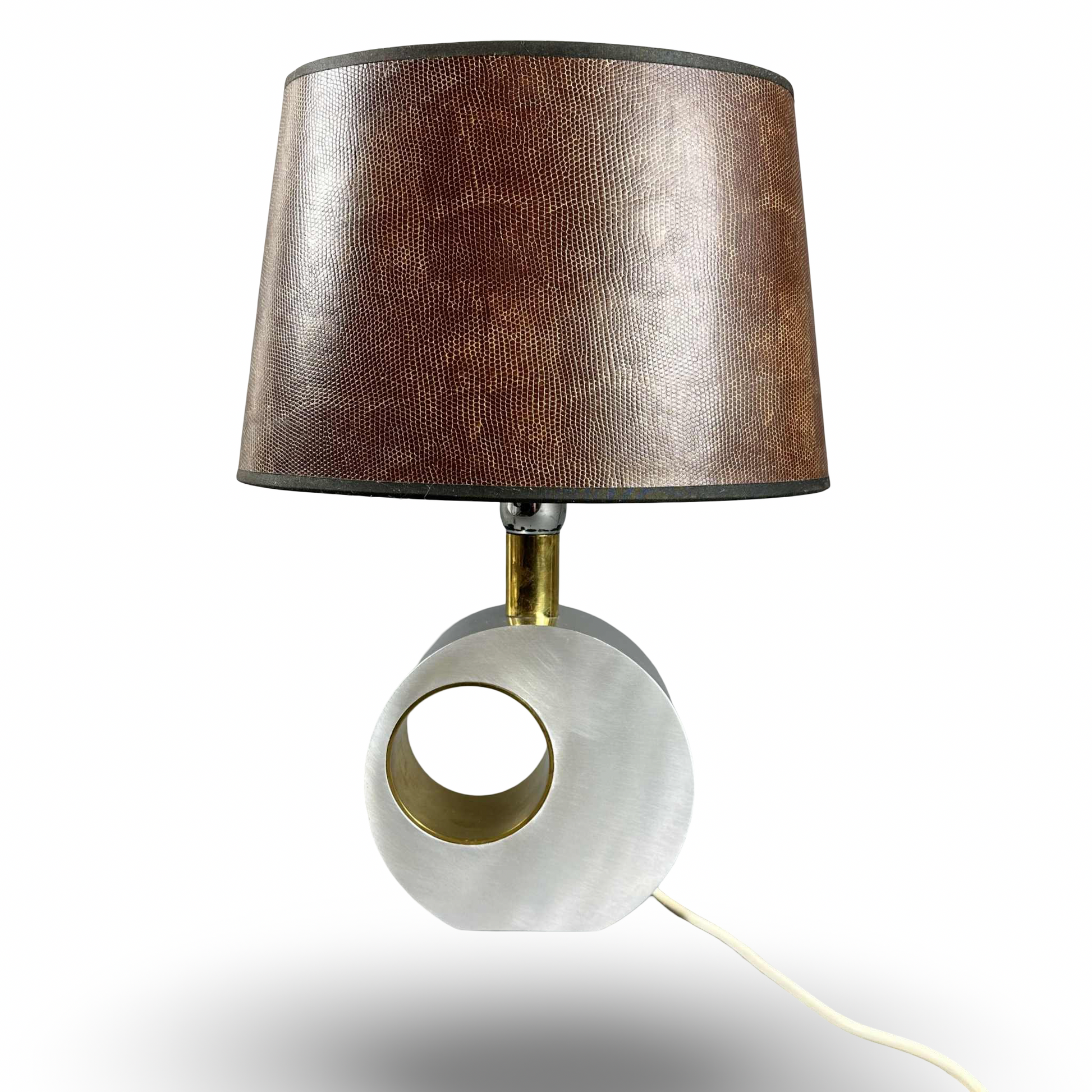 Giovanni Banci mid-century aluminum and brass table lamp with decorative brass ring and Banci Firenze label, 1970s Italian design